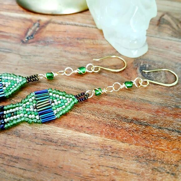 Boho Chic Beaded Cascade Fringe Dangle Earrings, Seed Bead Jewelry, 5" - Picture 5 of 8